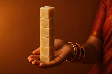 Indian Sweets – Hand Holding Barfi Tower