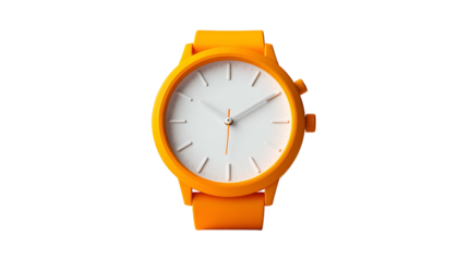 Vivid orange wristwatch with a bright white face against a stark black background