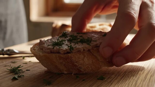 Pate on bread preparation - A close-up shot depicts a person's hand arranging a slice of bread topped with pate and dill.