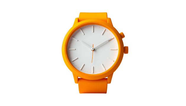Vivid orange wristwatch with a bright white face against a stark black background