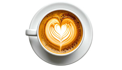 Overhead shot of a coffee cup with latte art in a heart shape on a white saucer