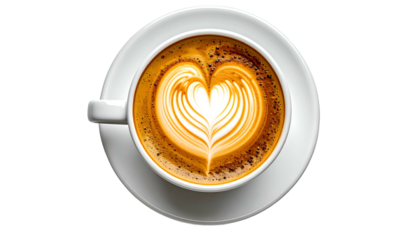 Overhead shot of a coffee cup with latte art in a heart shape on a white saucer