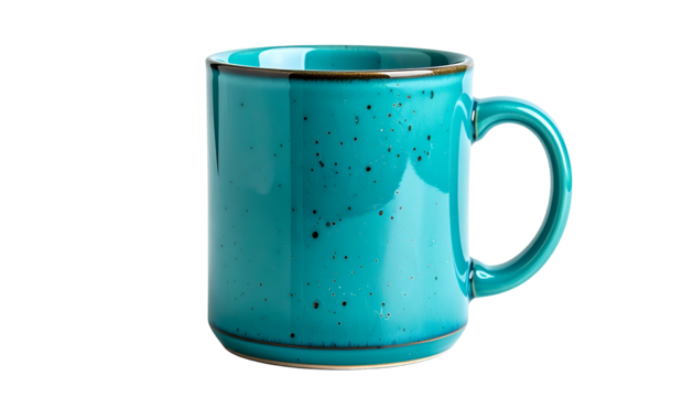 A turquoise ceramic mug with a handle and dark speckled surface