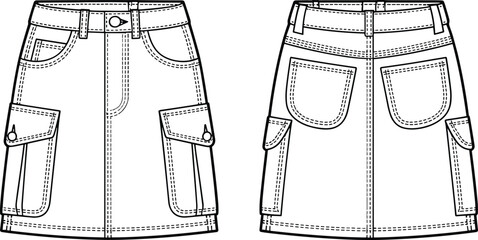 Black and white fashion sketch of cargo skirt, front and back view, belt loops, flap pockets, stitching details, utilitarian style, garment construction, vector template © Mason Murp Creations