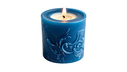 A blue, cylindrical candle with floral patterns burning with a warm, gentle flame