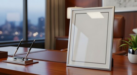 Empty Framed Picture on a Polished Wooden Office Desk With Cityscape View Outside Window