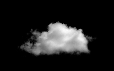 White fluffy cloud isolated on black background, representing weather, atmosphere, and nature concept. Ideal for design, photo compositing, or visual effects related to sky and environment themes.
