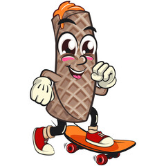 funny cute wafer stick biscuit mascot character playing skateboarding, cartoon vector illustration for dessert and bakery design, work of hand drawn
