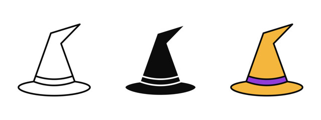 Witch hat icon set designed in stroke, fill, and color styles, isolated on a white background. Perfect for mobile apps, web interfaces, Halloween themes, and spooky decoration concepts.