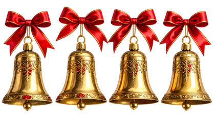 Four ornate golden bells with red bows, against a black background