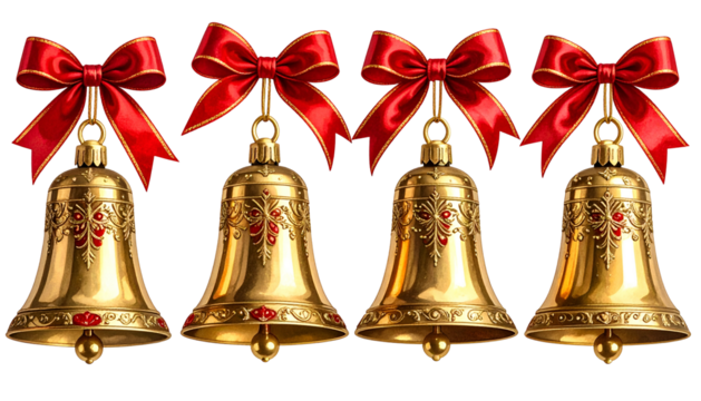 Four ornate golden bells with red bows, against a black background