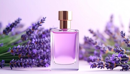 Exquisite perfume bottle surrounded by lavender flowers on a soft pastel background for text