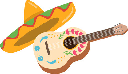 mexican guitar and mexican hat vector