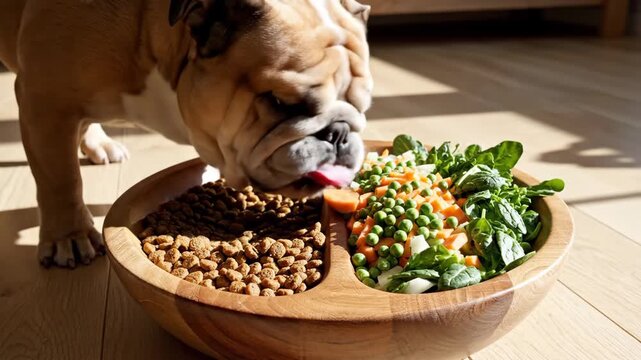 Bulldog Eating Healthy Meal - A bulldog is eating from a divided wooden bowl filled with kibble and fresh vegetables. The vegetables include spinach, peas, and carrots.