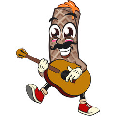 funny cute wafer stick biscuit mascot character playing guitar, cartoon vector illustration for dessert and bakery design, work of hand drawn