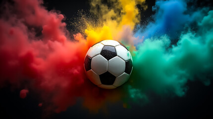 Fototapeta premium Colorful smoke explodes around a soccer ball creating a dynamic visual effect in a thrilling sports setting