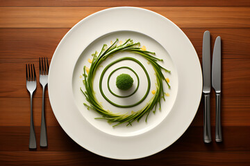 Elegant Spiral Dish | Modern Gourmet Presentation | Artistic Vegetable Creation | Fine Dining Composition | Minimalist Culinary Art | Green Gastronomy Design