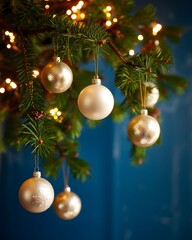 Festive Christmas tree branch with golden baubles and warm holiday lights, creating a sparkling, elegant blue background for Merry Christmas, New Year, seasonal celebration banner decor.