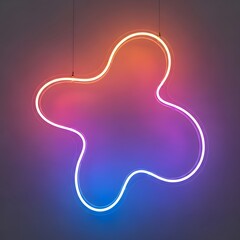 Irregularly Shaped Neon Light Sculpture Emitting a Colorful Gradient of Orange Pink and Purple Light Against a Dark Textured Wall