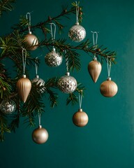 Elegant Christmas tree branch, gold, silver ornaments, dark green background, festive holiday celebration, Merry Christmas, New Year banner, seasonal decor, winter design.