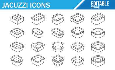 Jacuzzi and Bathtub Vector Icons – Editable Line Spa Illustrations Set