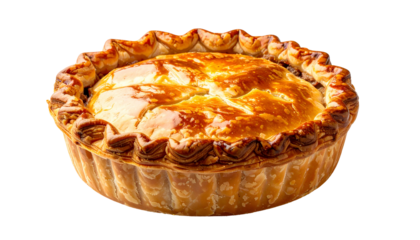 A golden-brown, perfectly baked savory pie with a crimped crust on a transparent background