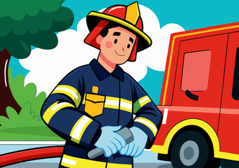 Fototapeta premium Illustrative Firefighter with Powerful Water Hose and Fire Truck
