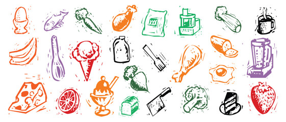 Vector art of a colorful collection of handdrawn food and kitchen utensil illustrations, isolated on a