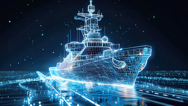 Glowing holographic warship rendered with neon blue wireframe lines over dark sea. Military technology, digital defense and innovation. Digital shining 3D model of military naval ship in ocean