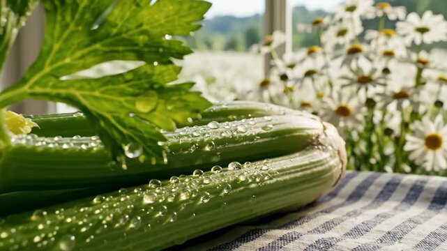 Fresh Celery with Water Droplets - A close-up shot showcases fresh celery stalks adorned with tiny water droplets, resting on a blue and white striped cloth.
