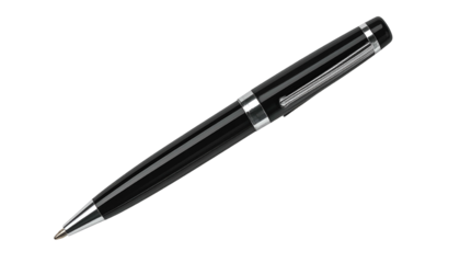A black and silver pen, isolated on a dark background, with a polished, reflective surface