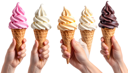 Five hands holding swirl ice cream cones of different colors on a transparent background