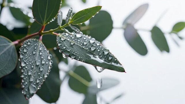 Eucalyptus leaves with water droplets - Close up of eucalyptus leaves covered in water droplets on a bright, overcast day.
