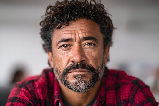 Thoughtful man with curly hair and beard wearing a red checkered shirt, looking confidently at the camera