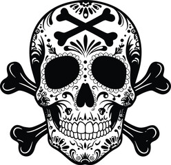 A black and white illustration of a sugar skull with crossed bones, adorned with intricate floral patterns and decorative elements.