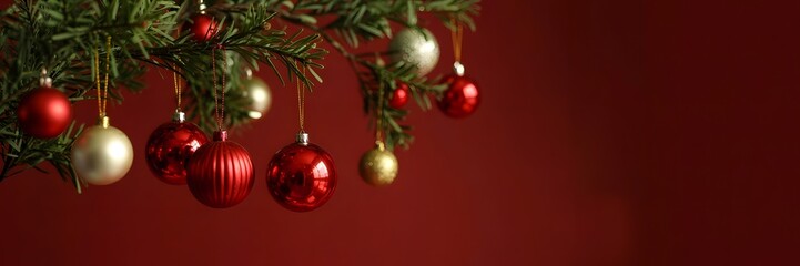 Merry Christmas holiday banner, festive red and gold ornaments on green pine branches, elegant celebratory background, New Year greeting card, winter season, traditional decor, copy space.