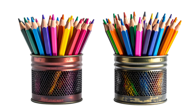Two mesh metal pen holders packed with a variety of vibrant colored pencils against a black background
