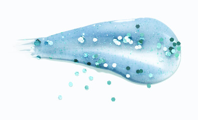 Shimmering blue gel with mixed glitter on white surface.