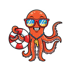 Orange Cartoon Octopus Lifeguard Wearing Sunglasses and Whistle character animal