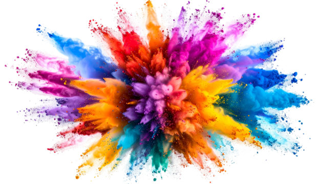 A vibrant explosion of colored powder bursts outwards, creating a bright, dynamic cloud