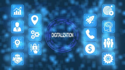 Digitalization process visualization with various icons depicting modern business concepts. - Powered by Adobe
