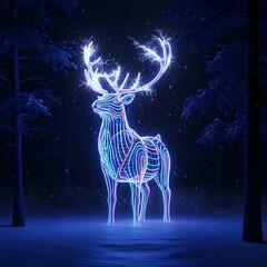Majestic Digital Stag Illuminated by Neon Lights Stands in a Snowy Forest During a Winter Night, Particle Effects