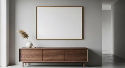 Minimalist Interior Design Featuring a Wooden Buffet Cabinet with a Blank Framed Artwork and Dried Floral Arrangement