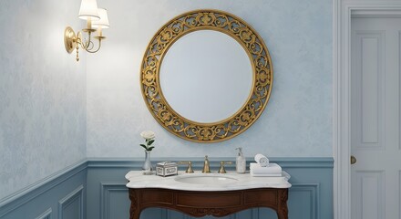 Luxurious Bathroom Vanity With Ornate Gold Mirror And Elegant Faucet Set In A Brightly Lit Room