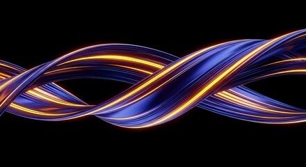 Abstract blue and orange twisted ribbon with glowing edges on black background generative ai