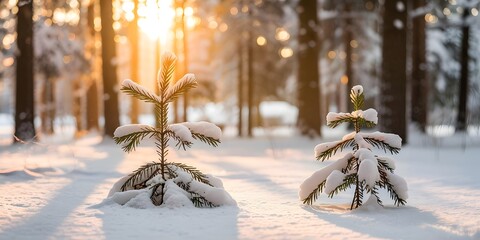Fototapeta premium Two small snow-covered evergreen trees in a magical winter forest, bathed in golden hour light, creating a peaceful, festive holiday background and serene nature scene.