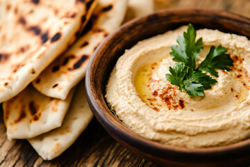Freshly made hummus served in a rustic wooden bowl, garnished with parsley and paprika, alongside warm pita bread. A delicious and healthy appetizer or snack! #food