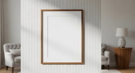 Minimalist Interior Scene Featuring a Blank Wooden Framed Poster Hanging on a Textured Wall with Soft Natural Light Illuminating the Space and Furniture