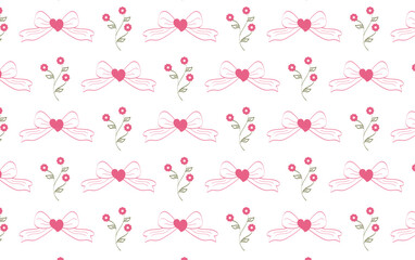 Pink Bow Ribbons with Hearts and Flowers on White Background Vector Illustration Seamless Pattern