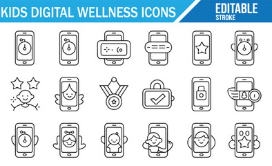 Kids Screen Time & Safety Icons – Minimal Editable Stroke Set